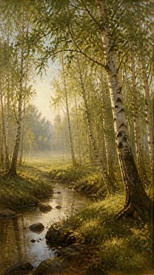 a serene birch forest in soft morning light, no people, no text