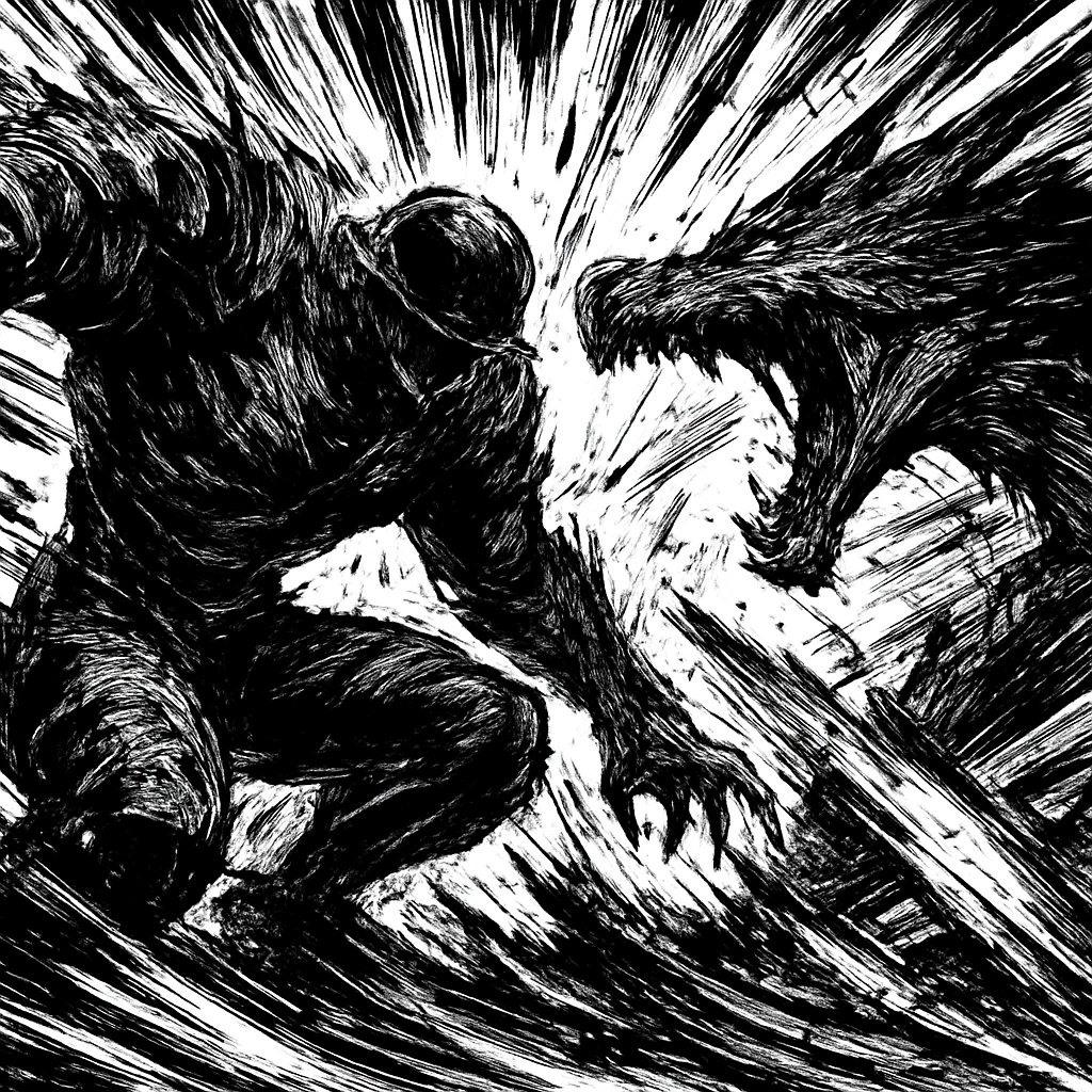 a black and white drawing of a monster