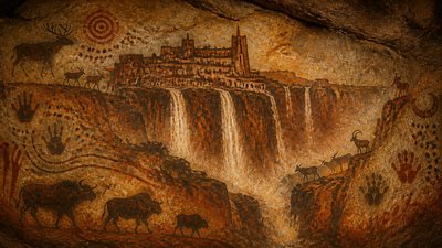 a cliffside city with waterfalls cascading into a misty canyon, wide establishing shot, no people, no text