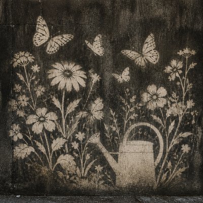 a garden scene with butterflies, flowers and a watering can, clean uncolored line art, no text
