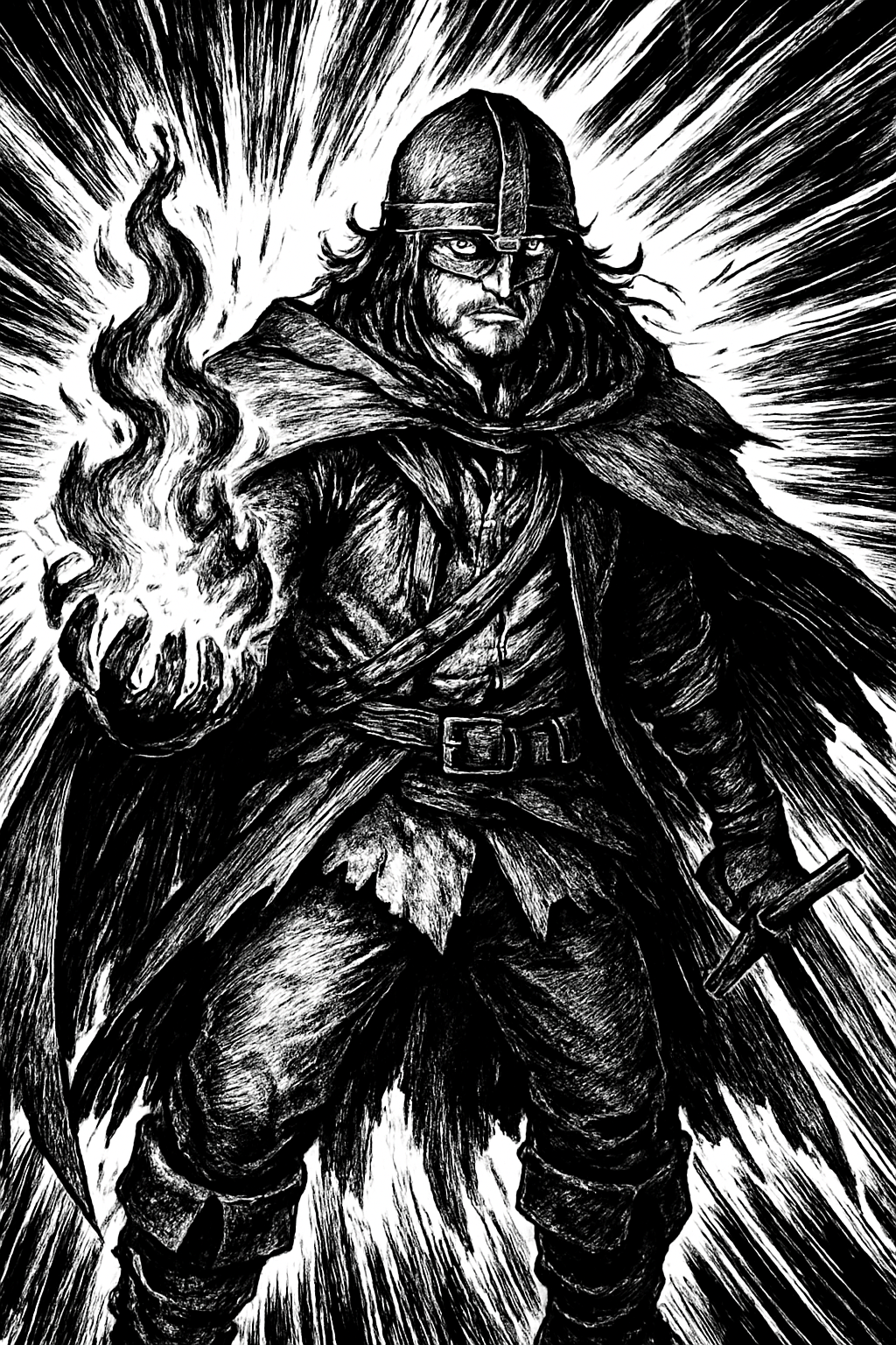 a black and white drawing of a man with a sword