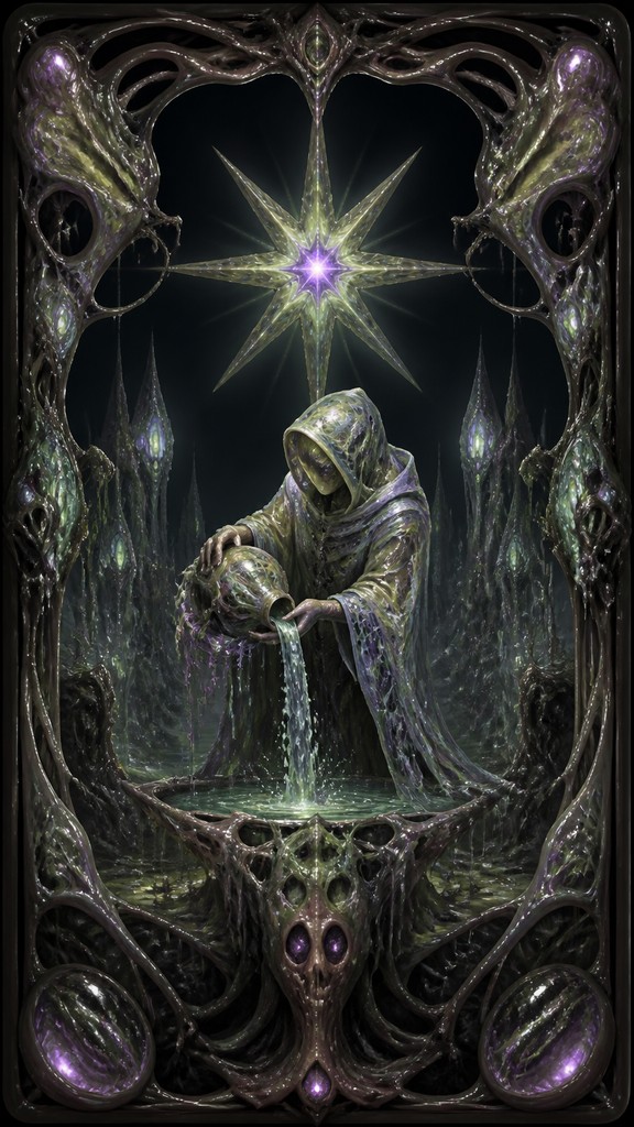 a robed figure pouring water beneath a large eight-pointed star in a night sky, symmetrical composition with an ornate decorative border, no text