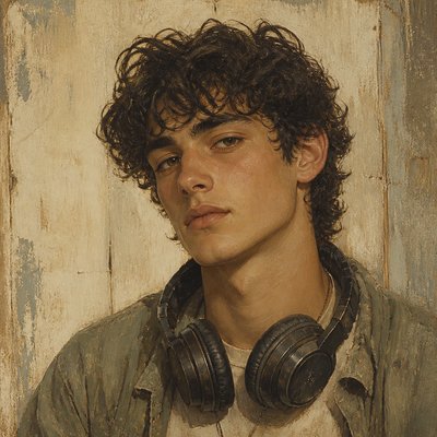 head-and-shoulders portrait of an original character: a young man with curly dark hair and headphones around his neck, plain backdrop, no text