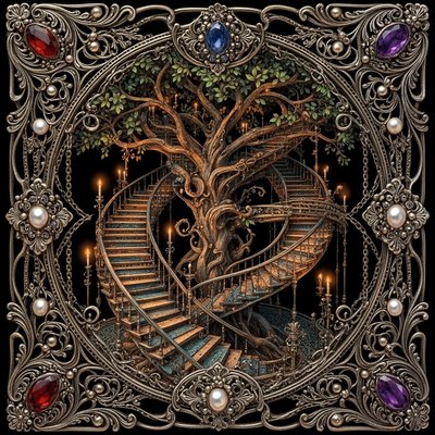  in the style of M.C. Escher, an array of endless staircases of impossible loops and bi-directional pathways, spiraling through a giant tree, Cinematic vibrant reflective jewel-toned colors, black background