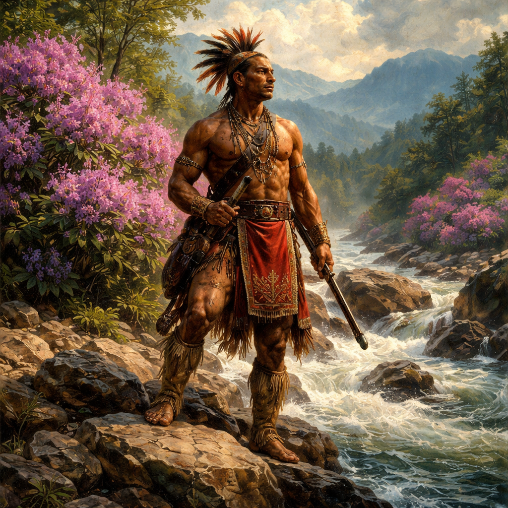 A breathtaking, cinematic digital painting of a Catawba warrior in traditional 18th-century regalia, standing proudly on the rocky banks of the rushing Doe River. The scene is framed by a massive, vibrant peak bloom of purple-magenta Catawba Rhododendrons. In the background, the misty, blue-toned peaks of the Appalachian mountains rise under a soft golden hour light. intricate detail on the warrior's leather and beadwork.