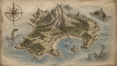 a map of an island realm with mountains, forests, a sheltered bay, sea monsters in the water and a compass rose, no text labels