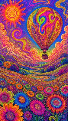 a hot air balloon drifting over rolling flower fields on a sunny day, cheerful, no text