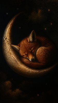 a sleeping baby fox curled on a crescent moon among soft stars, gentle and warm, no text