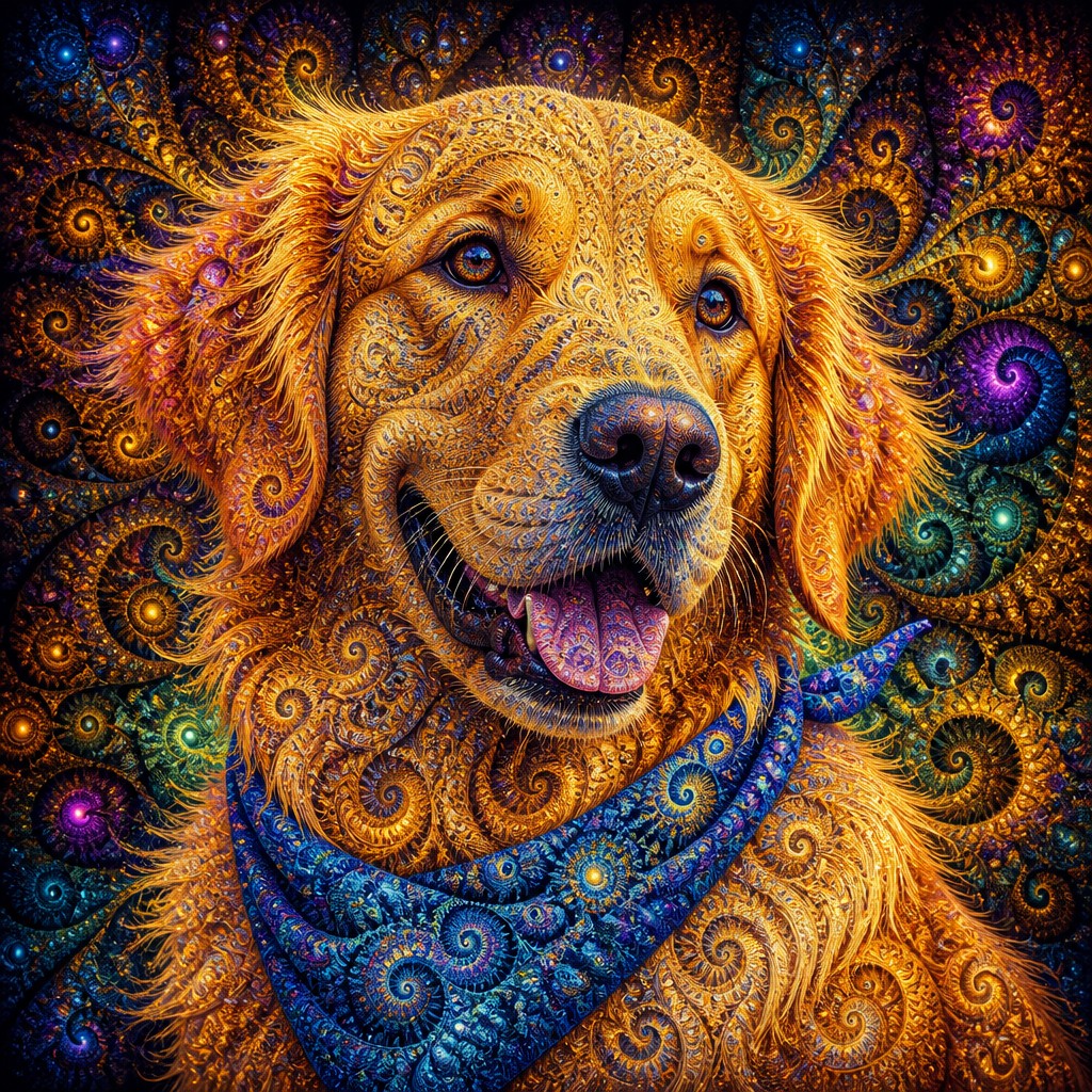 portrait of a golden retriever wearing a blue bandana, warm plain backdrop, no text