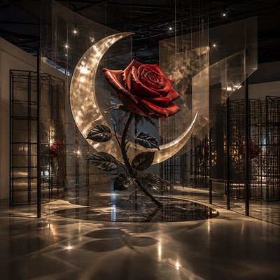 a rose entwined with a crescent moon, clean balanced composition on a plain background, no text