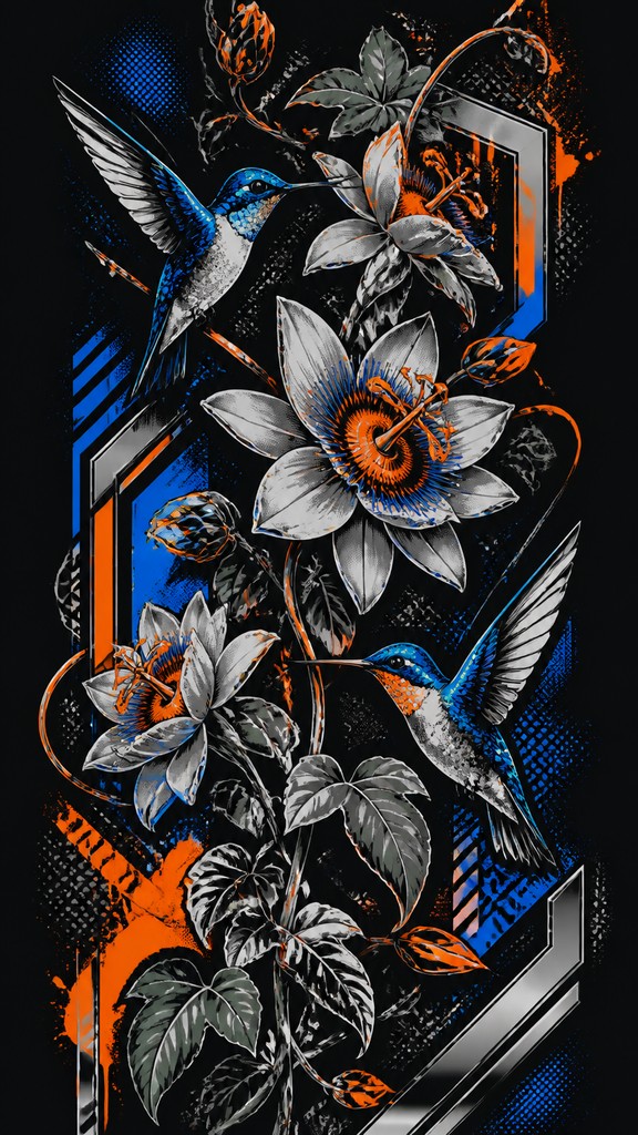 a climbing vine of flowers and hummingbirds on a dark background, tall wrapping composition, no text
