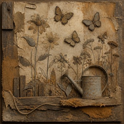 a garden scene with butterflies, flowers and a watering can, clean uncolored line art, no text