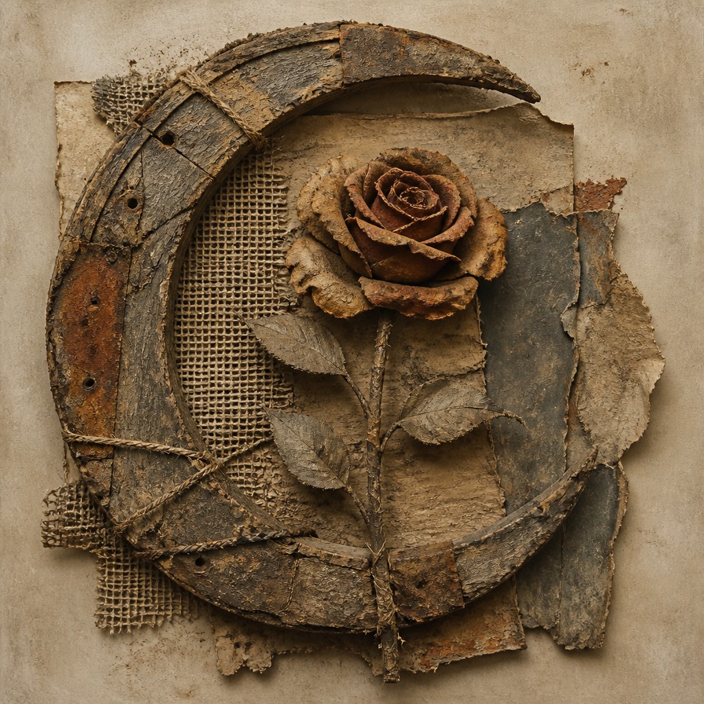 a rose entwined with a crescent moon, clean balanced composition on a plain background, no text
