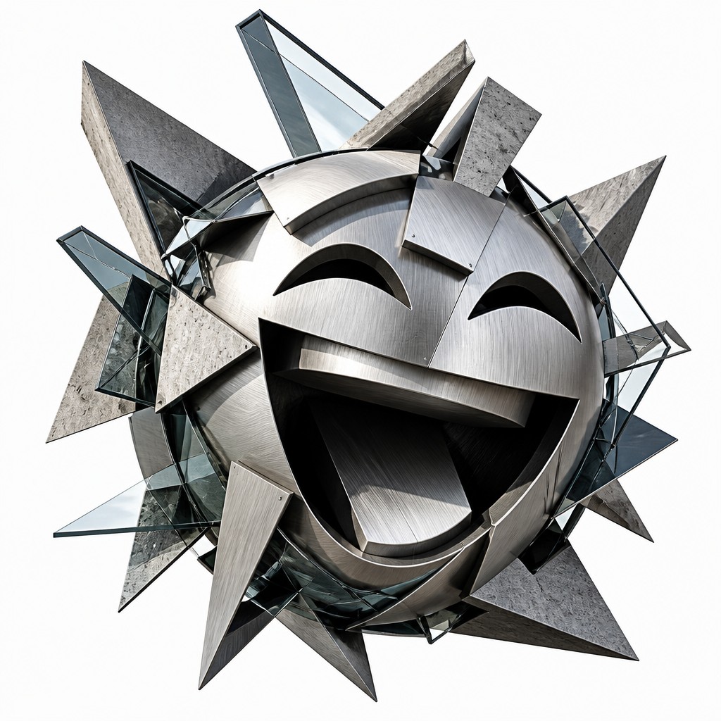 an exaggerated laughing face of an original round mascot character, bold and readable at small size, plain background, no text