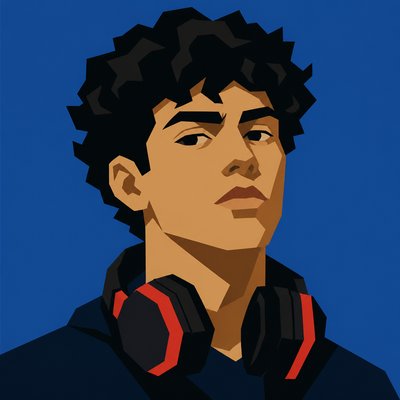 head-and-shoulders portrait of an original character: a young man with curly dark hair and headphones around his neck, plain backdrop, no text