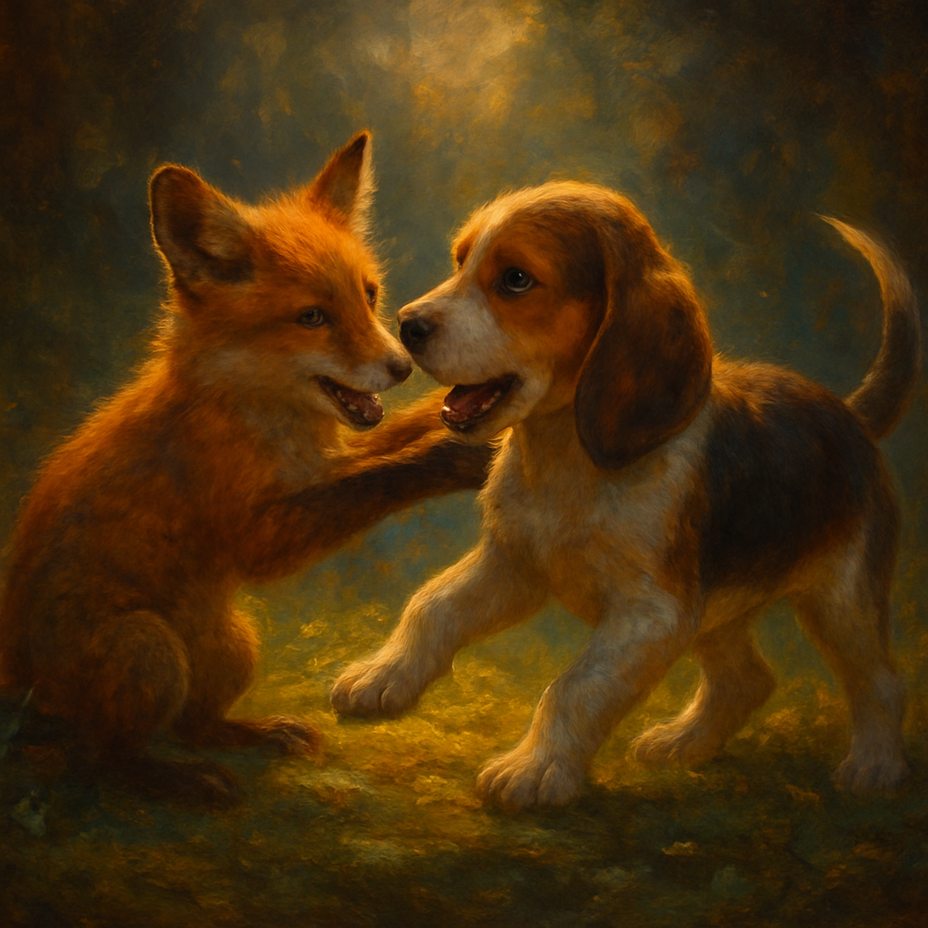 "Photorealistic image of a red fox pup and a hound puppy, in playing together in a romp.. Set in a sun-dappled forest clearing with soft moss and wildflowers. Warm, golden-hour lighting. Emphasize tenderness, trust, and youthful affection. Highly detailed fur textures. Evokes the movie 'The Fox and the Hound' but with real animals.