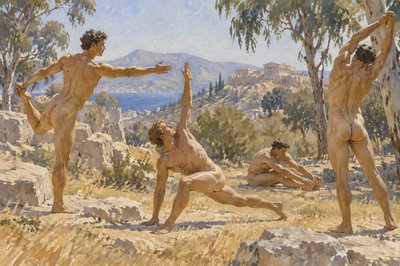ancient greek ignudi athletes doing yoga leg and arm stretching exercises