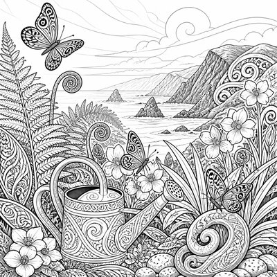 a garden scene with butterflies, flowers and a watering can, clean uncolored line art, no text