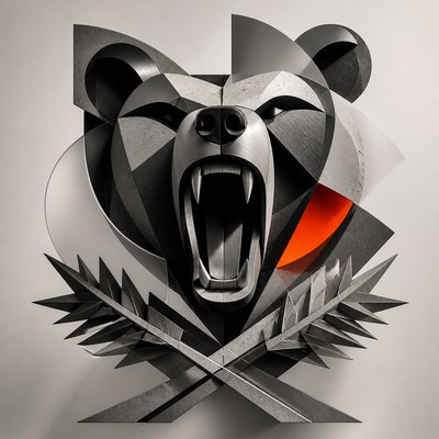 a roaring bear head above crossed pine branches, bold graphic composition on a plain background, no text