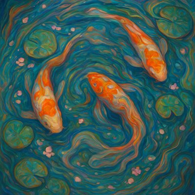 A koi pond seen from above, orange and white koi fish swimming among lily pads, clear water with subtle ripples, fallen cherry blossom petals floating on the surface, dappled sunlight