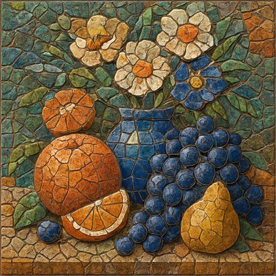still life arrangement of fruits and flowers