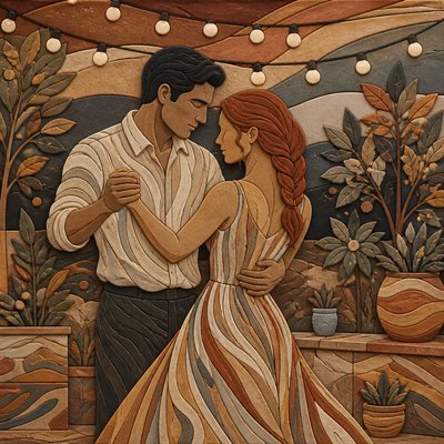 an original couple dancing under string lights in a garden at dusk: a man with short black hair in a linen shirt and a woman with braided red hair in a summer dress