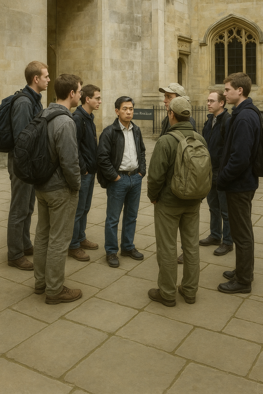 a group of men standing in front of a building