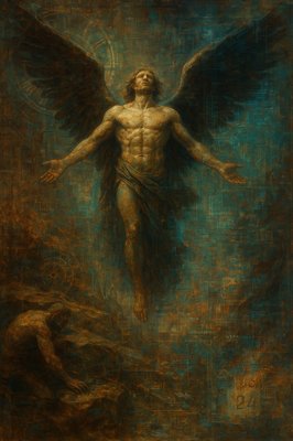 a painting of a man with wings in the air