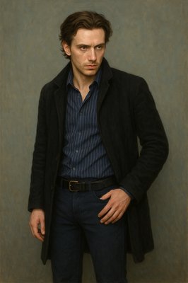 a man standing in front of a wall with his hands in his pockets