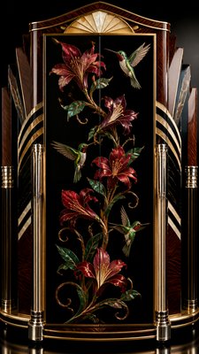 a climbing vine of flowers and hummingbirds on a dark background, tall wrapping composition, no text