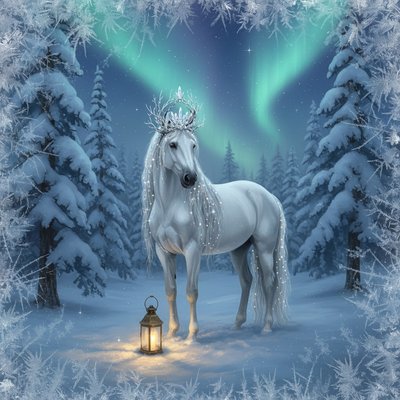 "A majestic white horse standing in a deep, snow-covered forest as a guardian of the winter solstice. The horse wears an intricate crown made of frosted silver branches and glowing quartz crystals. Fine starlight sparkles are woven into its long, flowing mane. A single vintage lantern sits on the snow at its feet, casting a warm, golden candlelight glow against the blue twilight. In the background, a faint aurora borealis dances through the trees. The style is whimsical and surreal, with a soft, painterly photographic quality—prioritizing quiet magic over loud spectacle."