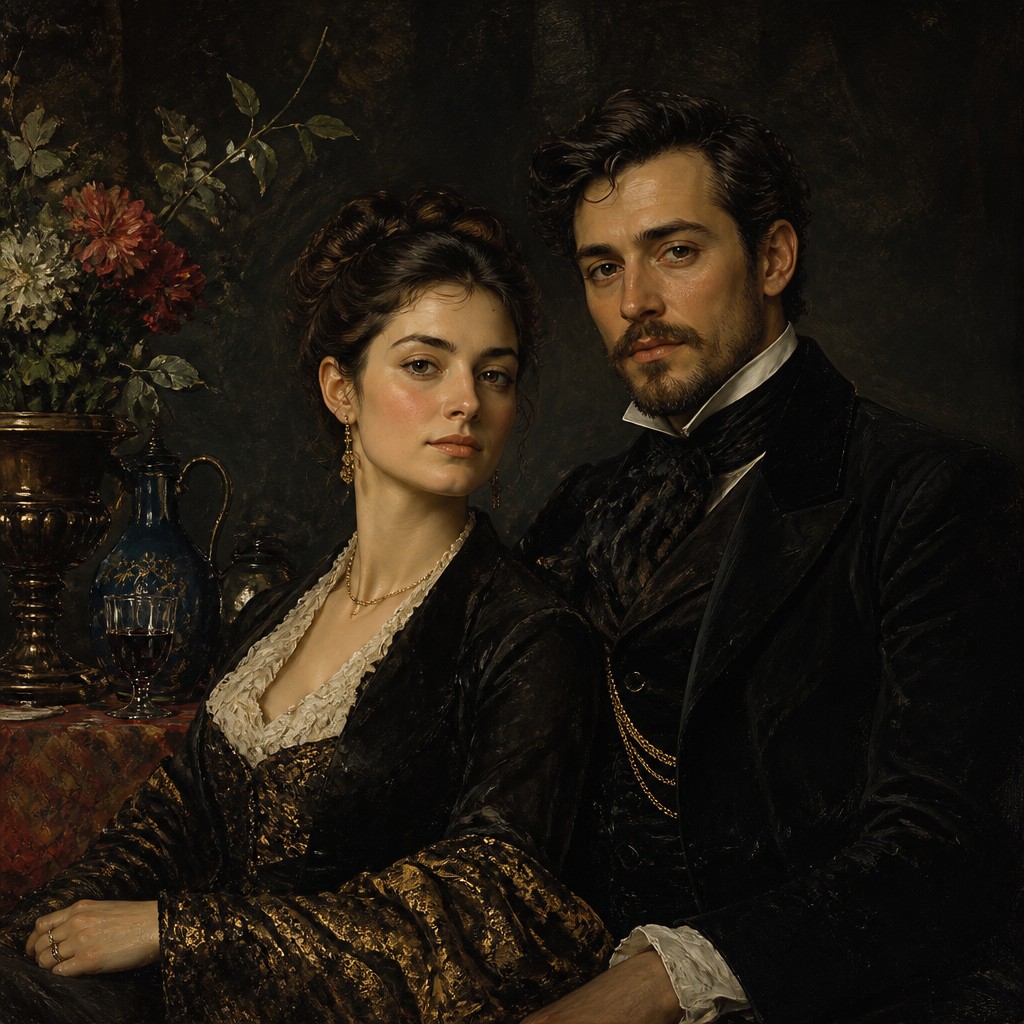 portrait of two people together — Munich School Art Style