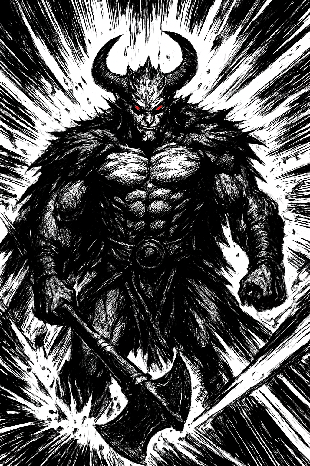 a black and white drawing of a demon