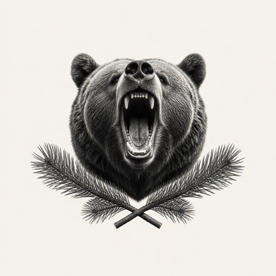 a roaring bear head above crossed pine branches, bold graphic composition on a plain background, no text