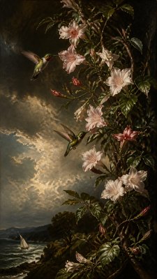 a climbing vine of flowers and hummingbirds on a dark background, tall wrapping composition, no text