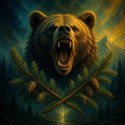a roaring bear head above crossed pine branches, bold graphic composition on a plain background, no text