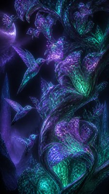 a climbing vine of flowers and hummingbirds on a dark background, tall wrapping composition, no text
