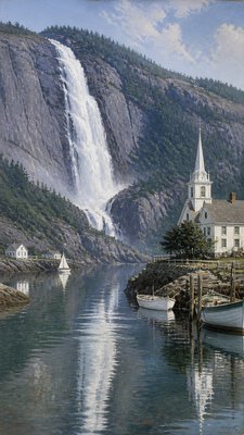 towering waterfall cascading down a cliff