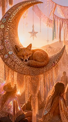 a sleeping baby fox curled on a crescent moon among soft stars, gentle and warm, no text