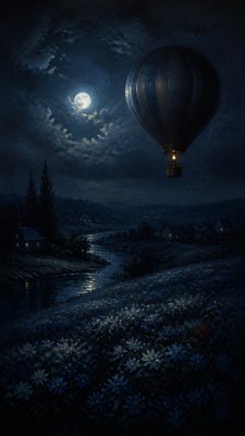 a hot air balloon drifting over rolling flower fields on a sunny day, cheerful, no text