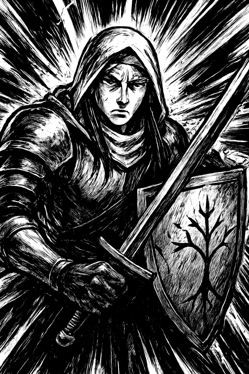 a black and white drawing of a person holding a sword