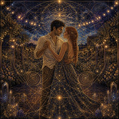 an original couple dancing under string lights in a garden at dusk: a man with short black hair in a linen shirt and a woman with braided red hair in a summer dress