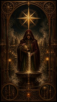 a robed figure pouring water beneath a large eight-pointed star in a night sky, symmetrical composition with an ornate decorative border, no text