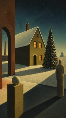 a snow-covered cottage with warm glowing windows beside a decorated pine tree, gentle snowfall, no text
