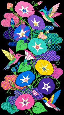 a climbing vine of flowers and hummingbirds on a dark background, tall wrapping composition, no text