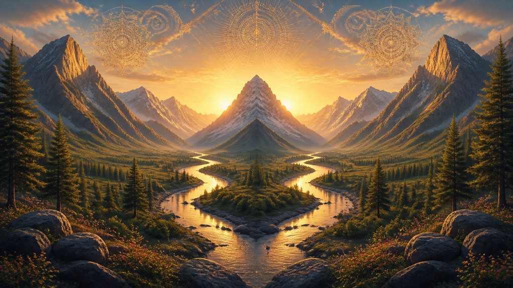 a vast valley with a river winding toward distant mountains at sunrise, no people, no text