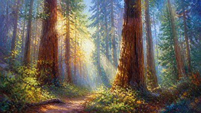 a panoramic redwood forest with light rays through mist, no people