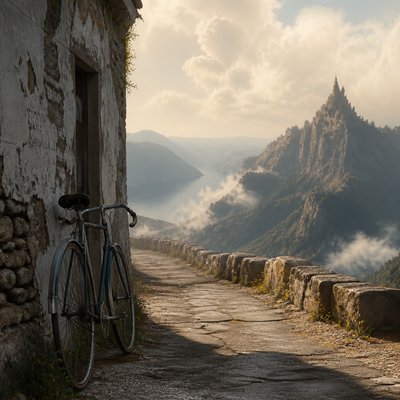 bicyle resting against a wall — Matte Painting Style