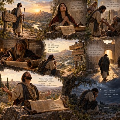 Psalms 119:1-8 (JPS)
1 ALEPH. Happy are they that are upright in the way, who walk in the law of the LORD.
2 Happy are they that keep His testimonies, that seek Him with the whole heart.
3 Yea, they do no unrighteousness; they walk in His ways.
4 Thou hast ordained Thy precepts, that we should observe them diligently.
5 Oh that my ways were directed to observe Thy statutes!
6 Then should I not be ashamed, when I have regard unto all Thy commandments.
7 I will give thanks unto Thee with uprightness of heart, when I learn Thy righteous ordinances.
8 I will observe Thy statutes; O forsake me not utterly.
