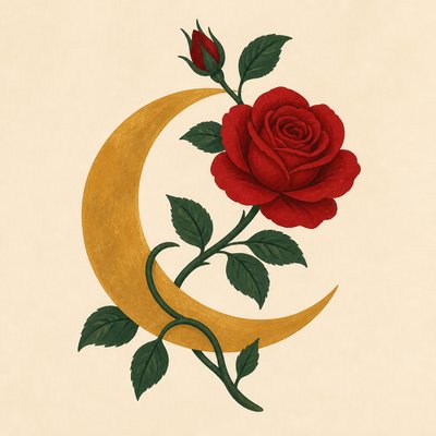 a rose entwined with a crescent moon, clean balanced composition on a plain background, no text